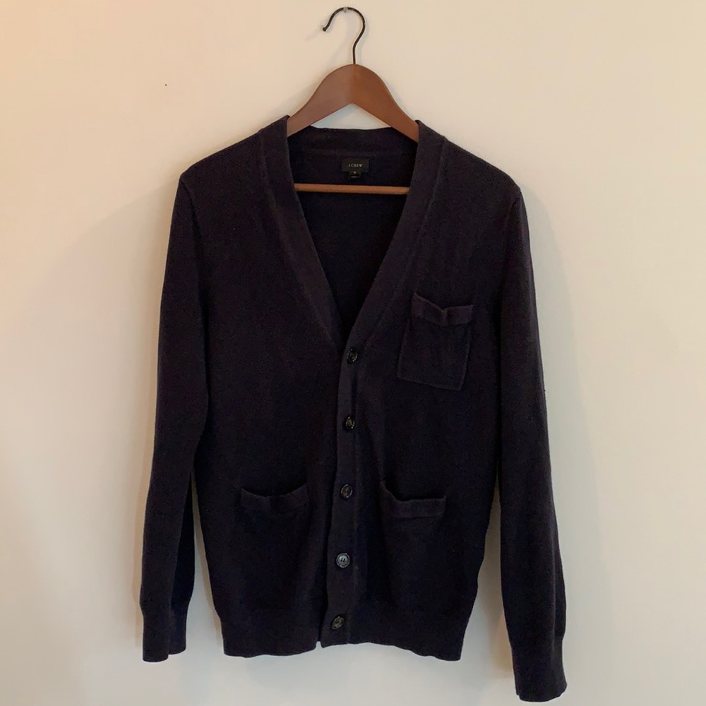 Navy J. Crew cardigan. 3 pockets.